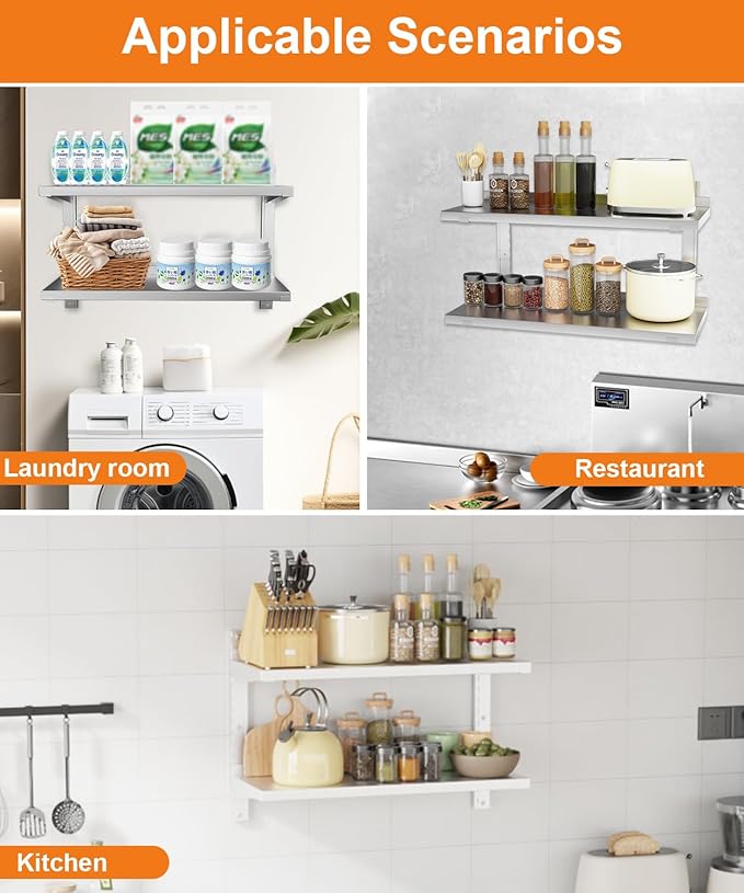 Stainless Steel Shelf 23.6 x 12.6 Commercial Floating Wall Shelf with Brackets 110Lb Capacity Adjustable Double-Layer Metal Heavy Duty Storage Rack for Restaurant Kitchen Home Bathroom