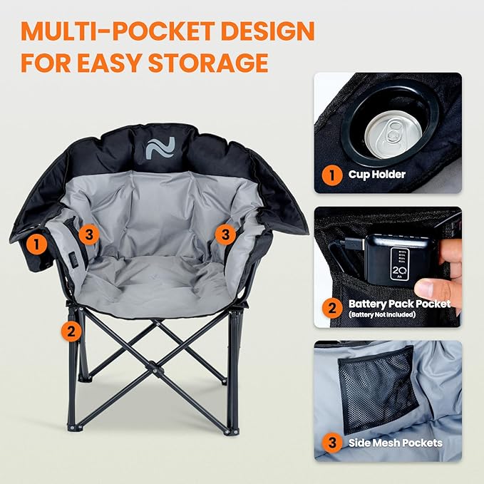 NAIZEA Heated Massage Camping ChairsHeated Outdoor Chair w/3 Heating Mode XL Oversized Heated Chair for Adults Heavy Duty Folding Camping Chairs for CampFishing Sports EventsNOT Included Battery