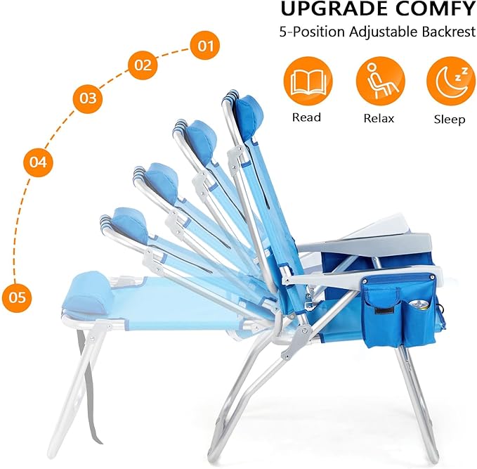 VINGLI 2 Pack Tall Beach Chair 16 with 5-Position Cooler Bag Cup Holders Towel Bar Lightweight Folding Beach Camping Chairs for Adults