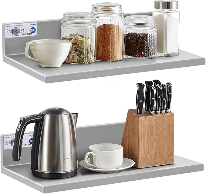 Profeeshaw Stainless Steel Shelf Wall Mounted Commercial Stainless Steel Shelves 8.6 * 16 Inch 44lb Heavy Duty Commercial Kitchen Shelf for Restaurant Bar Utility Room Kitchen and Garage