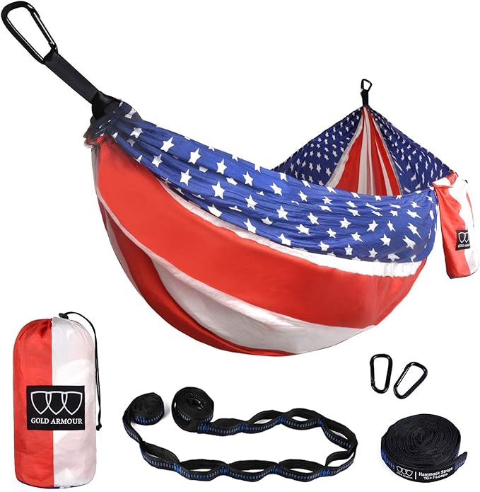 Gold Armour Camping Hammock - XL Double Hammock Portable Hammock Camping Accessories Gear for Outdoor Indoor with Tree Straps USA Based Brand (Flag II)