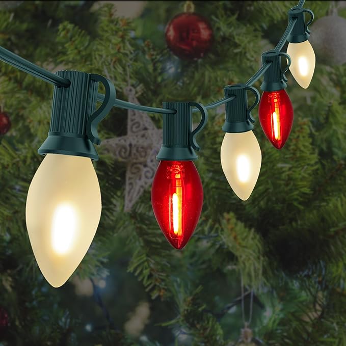 C7 LED Red and Frosted White Christmas Lights 25FT Outdoor Christmas Decorations String Lights with 27 Shatterproof LED Bulbs Hanging Vintage Christmas Light for Outdoor Garden Wedding Roofline Patio