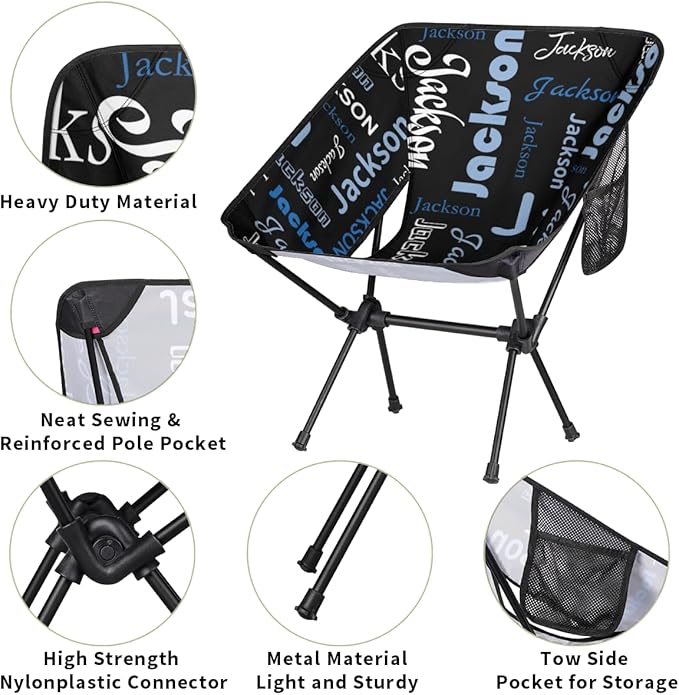 Custom Camping Chair Personalized Portable Backpacking Chair with Name Lightweight Folding Chair for Beach Hiking Black