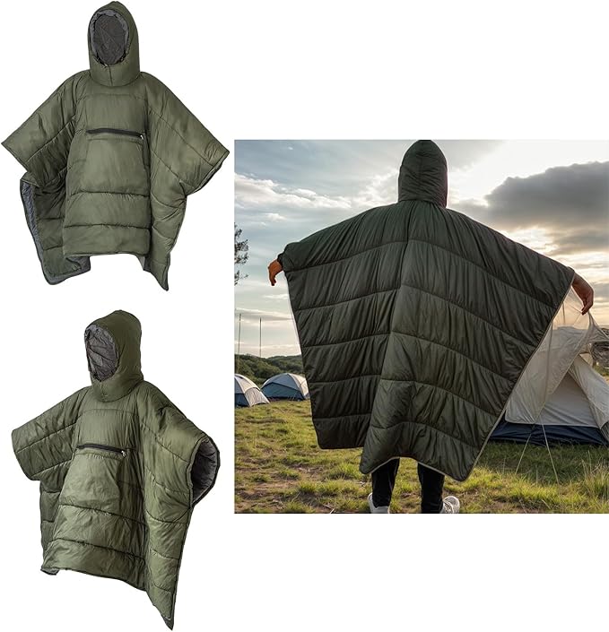 Portable Self-Folding Cotton Blanket Camping Warm Poncho Sleep Bag Outdoor Warm Wearable Cloak with Large Pockets