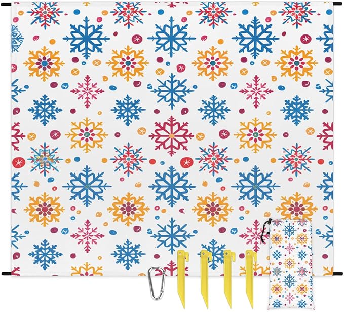 Waterproof Sandproof Beach Blanket 59''×68'' Needle Snowflake Polyester Outdoor Picnic Blanket with 4 Stakes &amp Storage Bag for BeachCampingVacation White