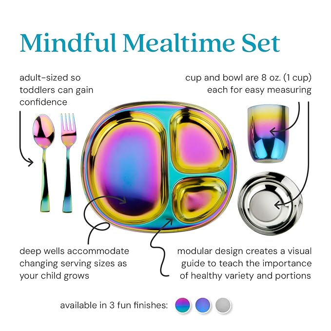 Ahimsa Stainless Steel Kids Dinnerware Set Pediatrician Designed 5 Piece Toddler Plates and Bowls Set Stainless Steel Divided Plate Cup and Kids Utensils Rainbow