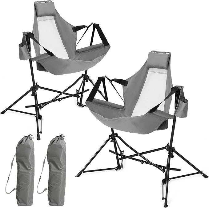 HOMEFUN Hammock Camping Chairs Set of 2- Portable Swinging Chair for Adults with Stand and Storage Bag Oversized Folding Rocking for Lawn Camp Fishing Hiking Gray