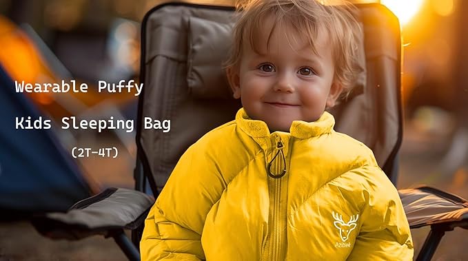 T40 Toddler Sleeping Bags Boys Girls |Ages 2-4| Puffy Kids Sleeping Bag Camping Sleepovers |up to 46 in| Lightweight Compact Comfort for Indoor Outdoor | Machine Washable (Yellow)