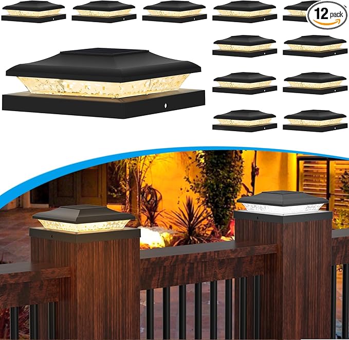 12 Pack Solar Post Cap Lights Outdoor 2 Modes (Warm/White Light) Black Fence Post Solar Powered Lights Waterproof for 5x5 5.5x5.5 6x6 Wooden/Vinyl Posts Decorate Garden Deck Patio Porch