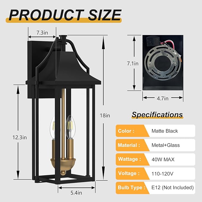 𝟏𝟖𝑰𝑵 Outdoor Wall Sconce Fixture Dusk to Dawn Patio Lights Waterproof Exterior Lanterns 2-Light Modern Wall Lights Mounted with Glass Black Outside Light for House Front Door Decor