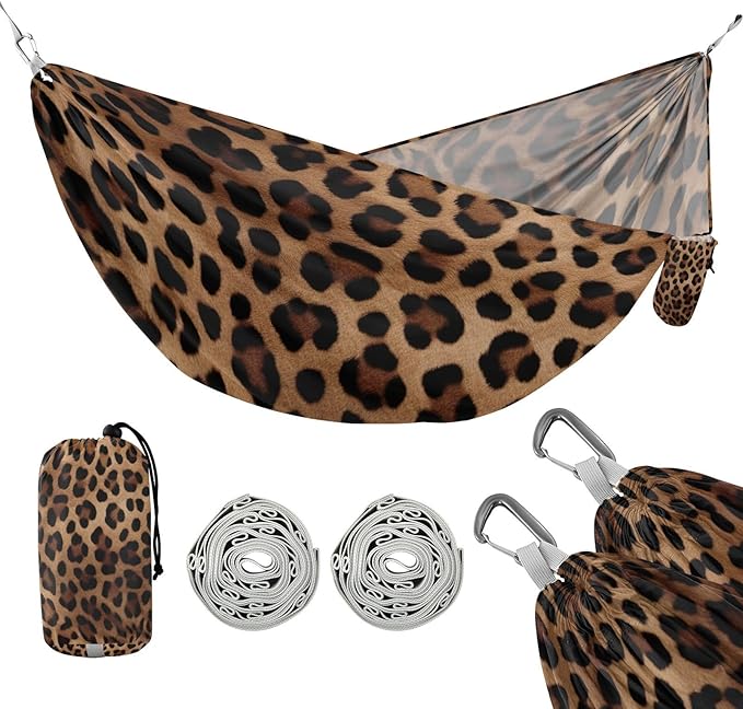 Leopard Print Camping Hammock 330 lbs with 2 Tree Straps Carry Bag Single Portable Hammock for Outdoor/Indoor Hiking Beach Backpacking Travel