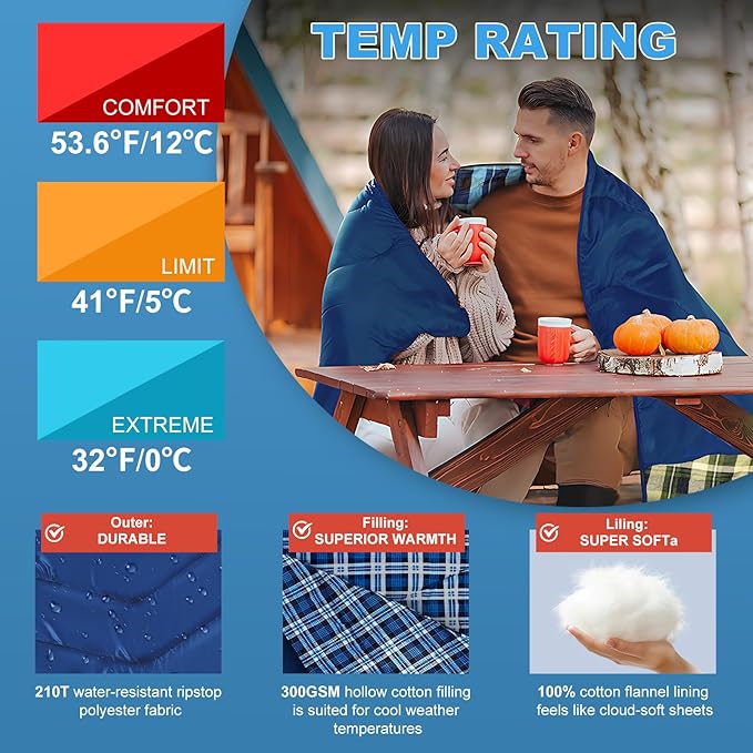 XL Queen Size 2 Person Double Sleeping Bag for Adults Lightweight Compact with Flannel Liner &amp Thermolock Draft Tube Machine Washable All Season Camping Travel