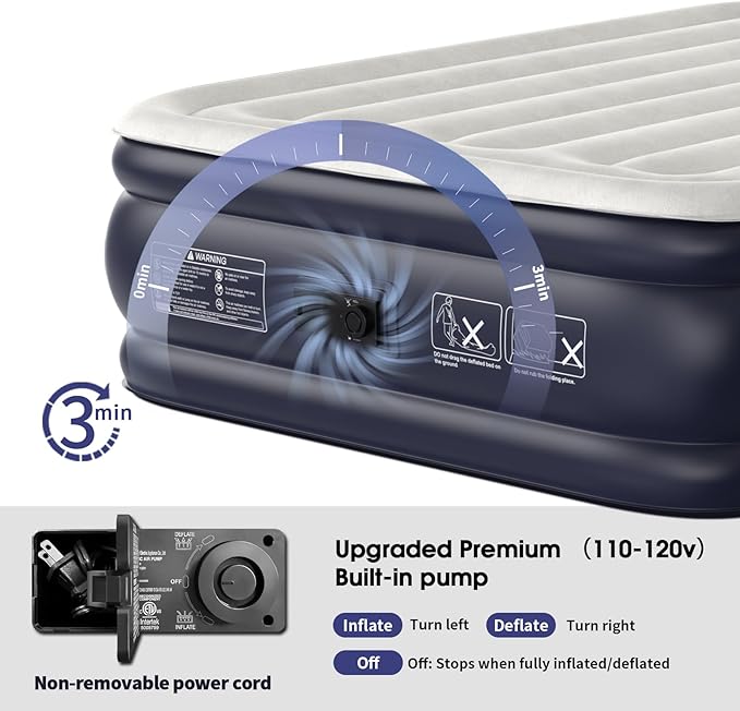 Air Mattress Full with Built in Pump18''Inflatable Mattress of Upgraded Vertical BeamsSelf Inflatable/Deflation Blow Up Mattress in 3 MinsFlocked Top Airbed with Carry Bag for Home Camping