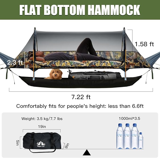 Night Cat Flat Lay Hammock Tent with Mosquito Net Waterproof Rainfly for 1 Person Backpacking Hiking Camping Lightweight 330LBS 87x28x19in