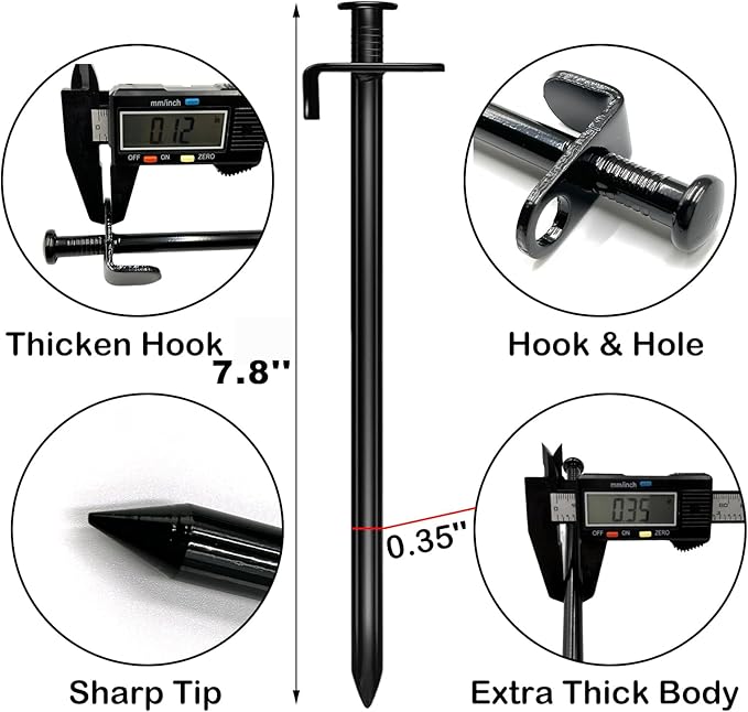 Cheardia 20 Pack Tent Stakes Heavy Duty 7.8 Inch Outdoor Camping Pegs Stakes Black Metal Ground Stakes Spikes for Tent Tarp Canopy Unbreakable and Inflexible