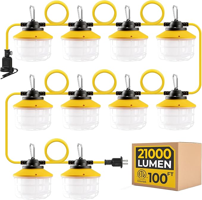 100FT 150W Ultra-Bright 21000 lumens Linkable Construction String Lights: Industrial Outdoor/Indoor Temporary Hanging Led Work Light for Attic Jobsite Garage Shop Lighting
