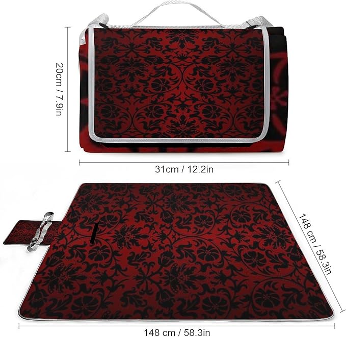 Dark Red and Black Damask Pattern Waterproof Outdoor Picnic Blanket Sandproof Beach Mat for Camping Hiking Grass Travelling