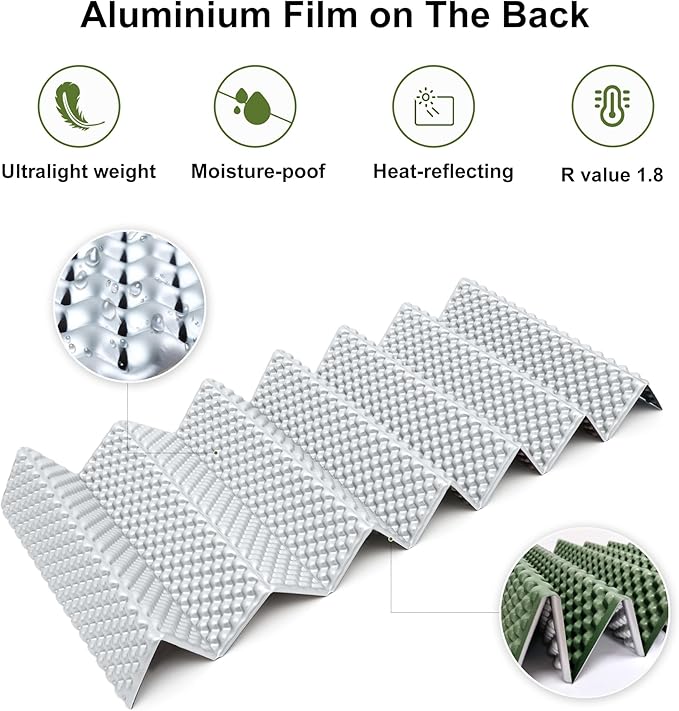 YIKI Closed Cell Foam Sleeping Pad for Camping 72.8x22 inch Ultralight Foldable Foam Sleeping Mat with Heat Reflective Layer Waterproof Backpacking Pad for Hiking Tent Outdoor Use