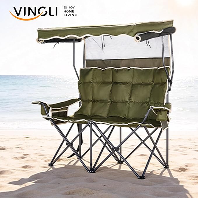 VINGLI Oversize Double Camping Chair with CanopyBeach Chair with Canopy Shade Portable Camping Loveseat with 2 Storage Bags for Outdoor Soccer Sport Events Beach or Camping