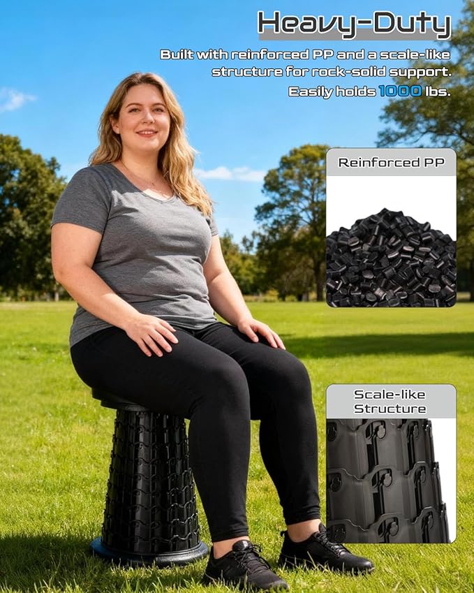 2025 Heavy Duty XXL Collapsible Stool | 1000lbs Capacity 20-in Taller &amp 13-in Wider Foldable Retractable Telescoping Stool for Adults Oversized Camping Fishing Concert Event Stadium