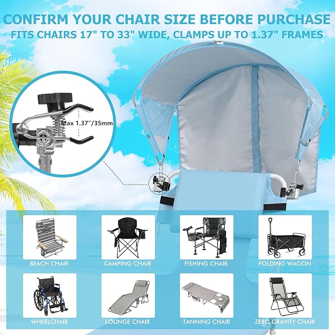 Universal Chair Umbrella Canopy UPF 50+ Sun Shade with Adjustable Clamp Fits Most Brands’ Beach Camping Lawn Tanning Zero Gravity Lounge &amp Fishing Chairs Patent Design