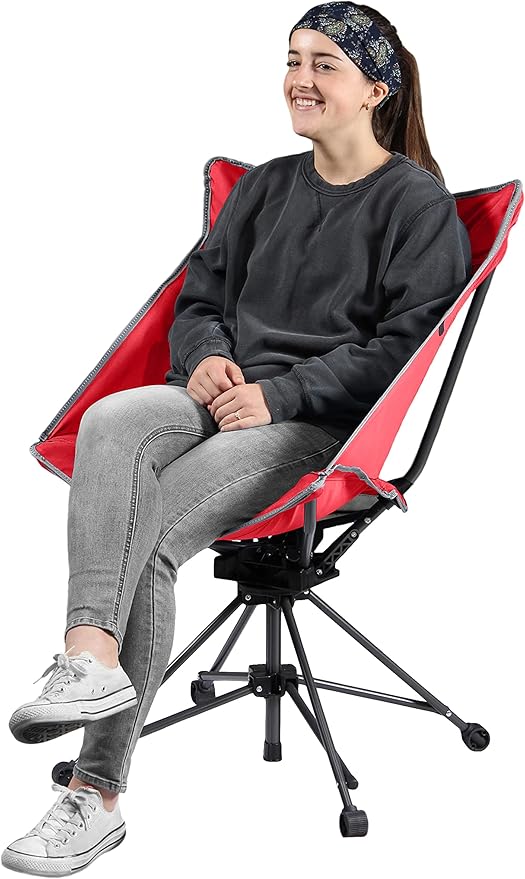 Garden Elements Swivel Camping Chair – Portable Outdoor Chair with 360° Swivel Tall Back Support Breathable Nylon Mesh Steel Frame Foldable Design with Carrying Case – Red