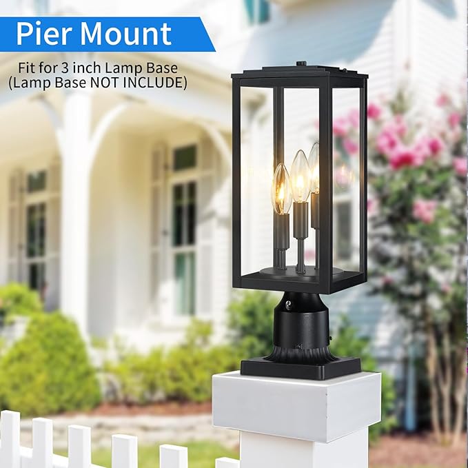 16.6'' Dusk to Dawn Post Light Outdoor Large 3-Light Lamp Post Light Fixture Modern Pillar Outside Lighting Waterproof Post Lantern Pole Lights for Porch 1 Pack (Not Include Mounting Base)