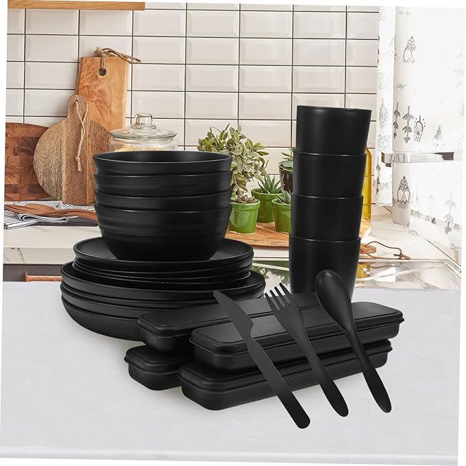 4sets Black Camping Dinnerware Cutlery Bowl Plate Cup Utensils Case for Picnic Hiking