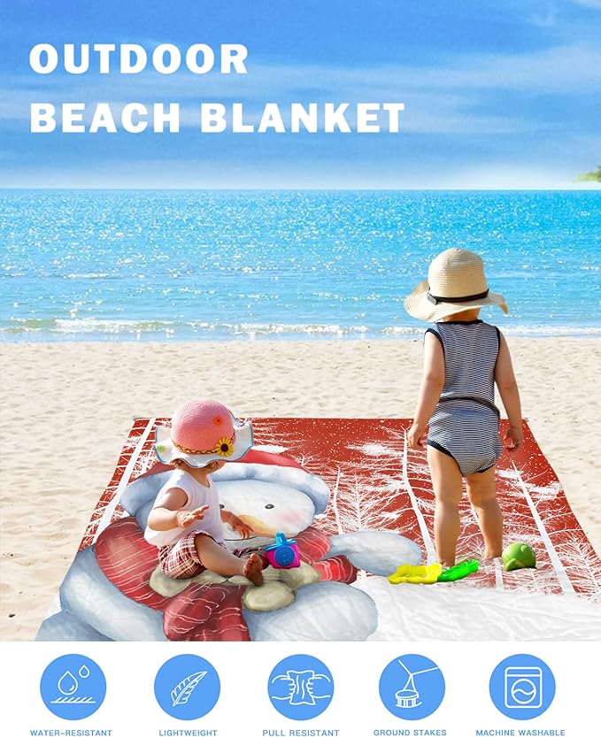 Beach Blanket Waterproof Sandproof Christmas Santa Snowman Bunny Quick Drying Beach Mat with 4 Stakes Winter Xmas Tree Forest Lightweight Picnic Blanket for Travel Camping Outdoor 118x108