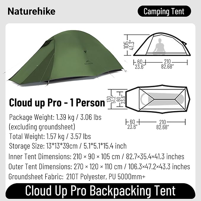 Naturehike Cloud up Pro Camping Tent 1/2/3 Person Ultralight Tents 3 Season Backpacking Tent Waterproof for One Man Self-Standing Easy Setup for Cycling Outdoor Camp