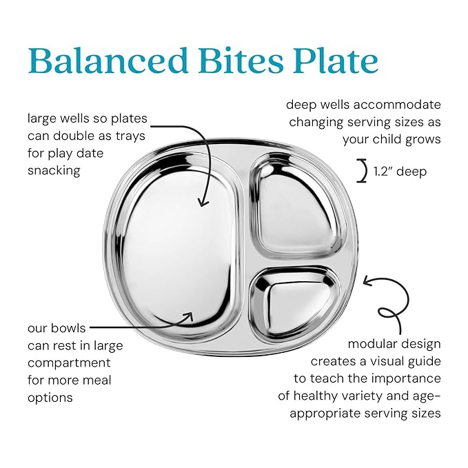Ahimsa Stainless Steel Kids Plate Pediatrician Designed Divided Toddler &amp Baby Plates Non Toxic Unbreakable &amp Dishwasher Safe Polished