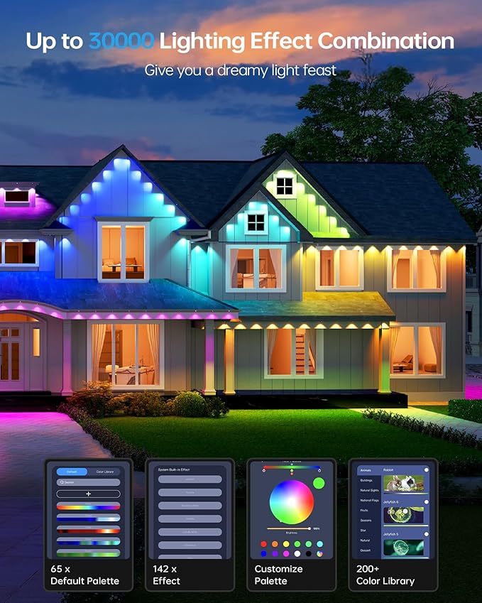 ASAHOM Permanent Outdoor Lights Pro S108D 200FT with 144 RGBCW LED Lights WLED Integrated AI Lighting 30000 Dynamic Effect IP67 Waterproof for Easter Holiday Outdoor Decor Daily Lighting Black