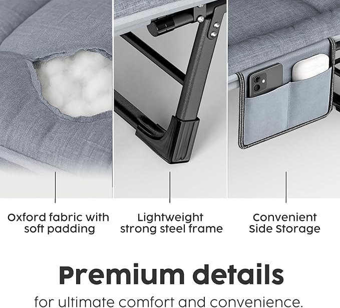 Chaise Lounge Chair Folding Cot 6-Angle Adjustable Camping Cot with Mattress for Patio and Beach Foldable Bed Portable Heavy Duty Lay Flat Reclining with Pillow (Grey XL - 80)