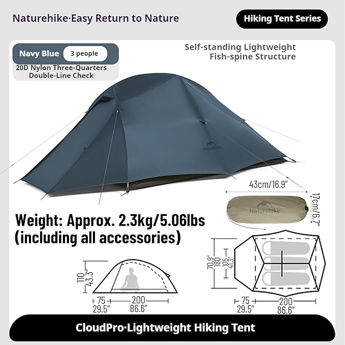 Naturehike Cloud up Pro Camping Tent 1/2/3 Person Ultralight Tents 3 Season Backpacking Tent Waterproof for One Man Self-Standing Easy Setup for Cycling Outdoor Camp