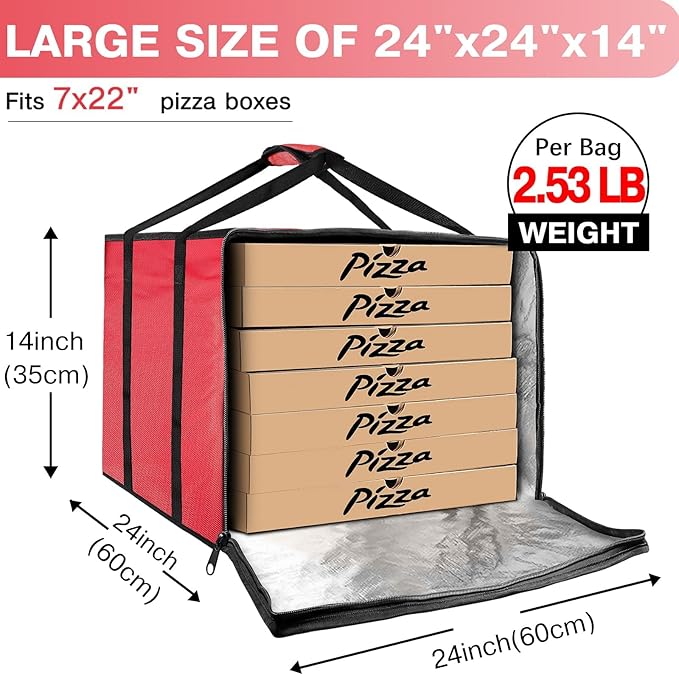 Large Pizza Delivery Bag Insulated 24x 24 x14 Red Pizza Warmer Bag for Food Delivery Pizza Carrier Insulated Bags Keep Your Pizza Hot and Fresh Perfect for Deliveries and Personal Use