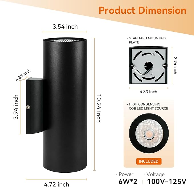 JO.KO Up Down Lights Outdoor Cylinder Wall Lights 10.24 2 Pack 2700K Warm White Porch Light in 2 Lights Matte Black Waterproof Wall Sconce Aluminum Exterior Light Fixture Wall Mount
