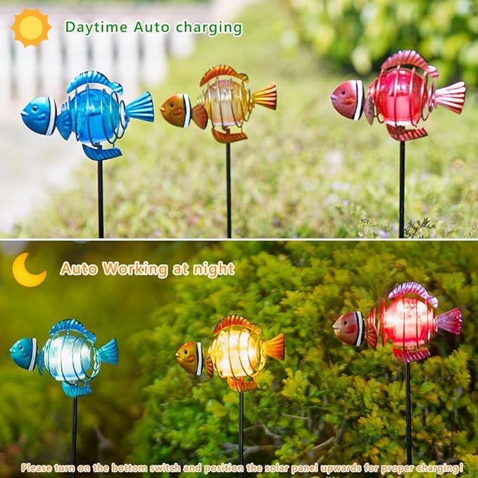 Fish 3Pack 21.3''H Outdoor Figurine Lights Multicolor Clownfish Solar Garden Decor with Led Lights Decorative Garden Stake for Yard Patio Lawn