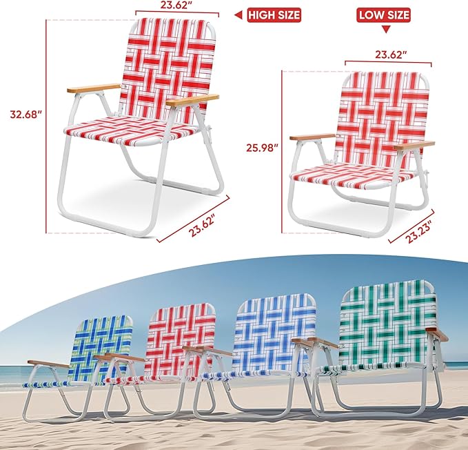 Sekey Camping Chair Beach Chair for Adults with Highback Folding Lawn Chair with Webbed Airflow Mesh Patio Chair with Rust-Proof Coating Webbed Lawn Chair for Outdoor Fishing Backyard Red