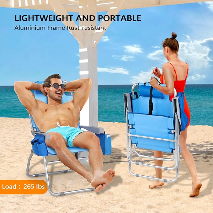 VINGLI 2 Pack Tall Beach Chair 16 with 5-Position Cooler Bag Cup Holders Towel Bar Lightweight Folding Beach Camping Chairs for Adults