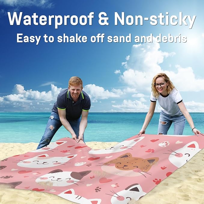 Waterproof Sandproof Beach Blanket 59''×68'' Cute Cats Polyester Outdoor Picnic Blanket with 4 Stakes &amp Storage Bag for BeachCampingVacation Pink