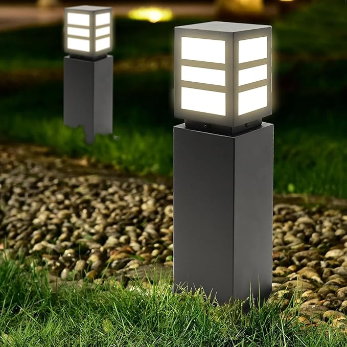 2Pack Landscape Path Lights 24 IP65 Waterproof Bollard Lights Heavy Duty Steel Stable Widened Base E27 Lamp Holder Modern Outdoor Path Lights Bollard for Lawn Patio Courtyard Driveway Oblong
