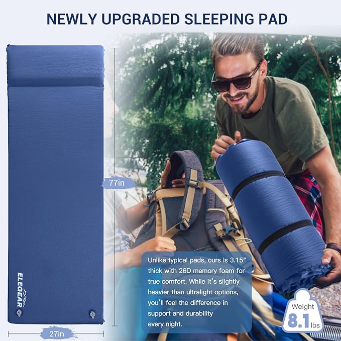 Elegear CumbreX™ Self Inflating Sleeping Pad 3.15 Ultra-Thick Memory Foam Camping Pad with Pillow Fast Inflating in 20s Insulated Camping Mattress Pad 4-Season Camp Sleeping Mat for Camp/Travel/Tent