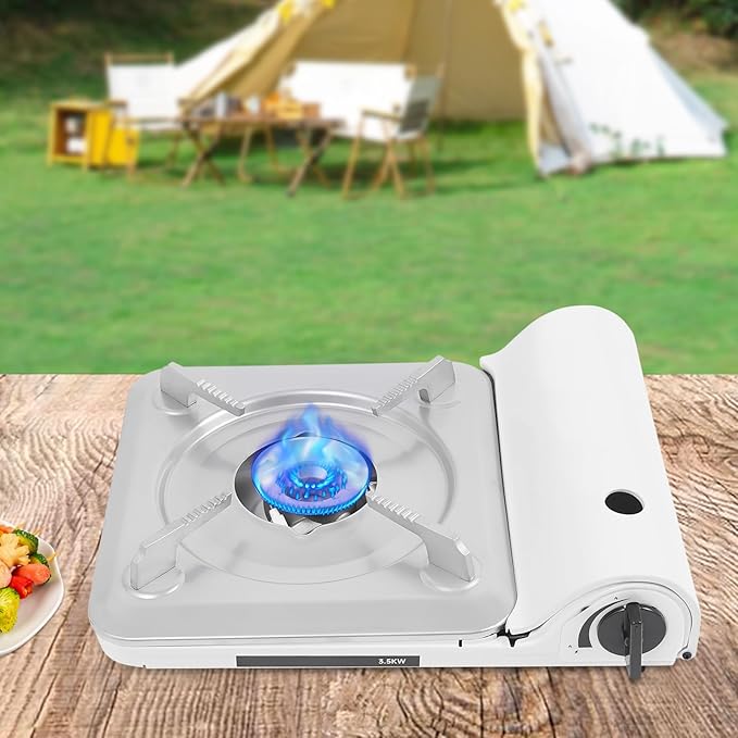 Portable Camping Stove 3500W Gas Stove with Grill Plate and Portable Case BBQ Grill Butane Camping Stove Camping Stove Ideal for Outdoor Cooking Camping Road Trip Gathering (White)