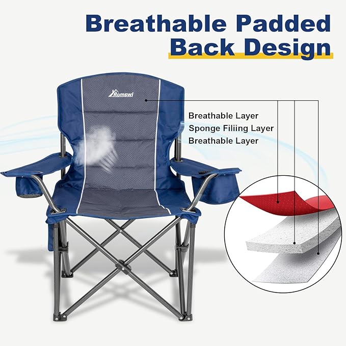 Romswi 2 Pack Oversized Camping Chairs for Adults 500LBS Heavy Duty Steel Folding Chair with Adjustable Elastic Armrests 38.5 Wide 600D Oxford Fabric 6-Can Cooler &amp Side Pockets for Outdoor Bl