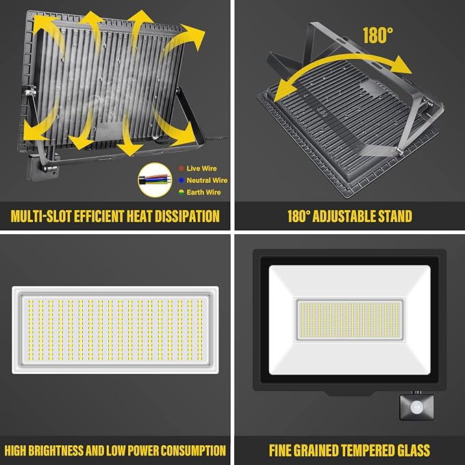 200W Motion Sensor Flood Light Outdoor 20000 LM Outdoor LED Spotlight IP66 Waterproof 6000K Daylight Security Lights for Garden Garage Yard Sports Ground 110V