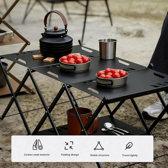 Folding Camping Table Portable Multi-Functional 4-Tier Picnic Rack Carbon Steel 37 with Storage Bag and 4 Hooks Indoor Outdoor Heavy Duty Portable for Picnic Party Camping