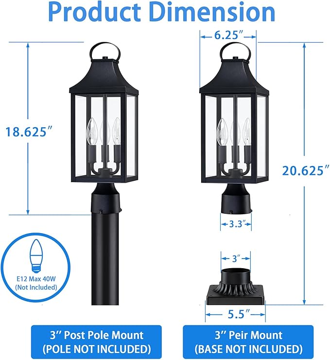 18.62 Post Light Outdoor Large 3-Light Lamp Post Light Fixture Modern Pillar Outside Lighting Waterproof Post Lantern Lamp Outdoor Post Light Fixtures Pole Lights for Porch 1 Pack