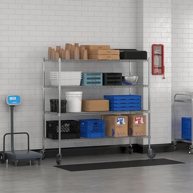 Commercial NSF Listed Chrome Mobile Wire Shelving Kit 24 x 60 x 60 with 4 Shelves Perfect for Warehouse Walk-in Refrigerator Freezer Grocery Store Restaurant Dishroom