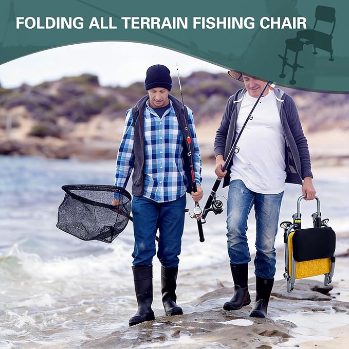 Upgraded All Terrain Foldable Fishing ChairU-Shaped Adaptive Design Adult Fishing Chair with FootrestOutdoor Camping Chair with Legs Adjustable (Yellow)