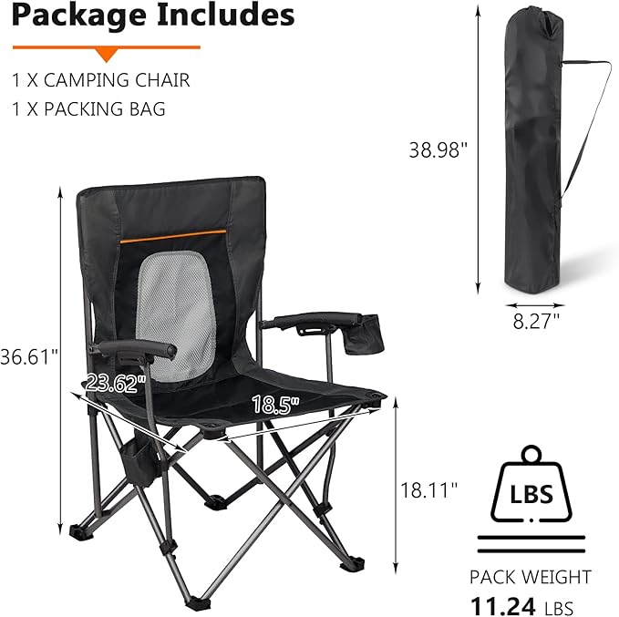 Portal Folding Camping Chair Comfortable Portable Lawn Chairs Lightweight Foldable Outdoor Camp Chair for Adults Supports up to 300 lbs Black
